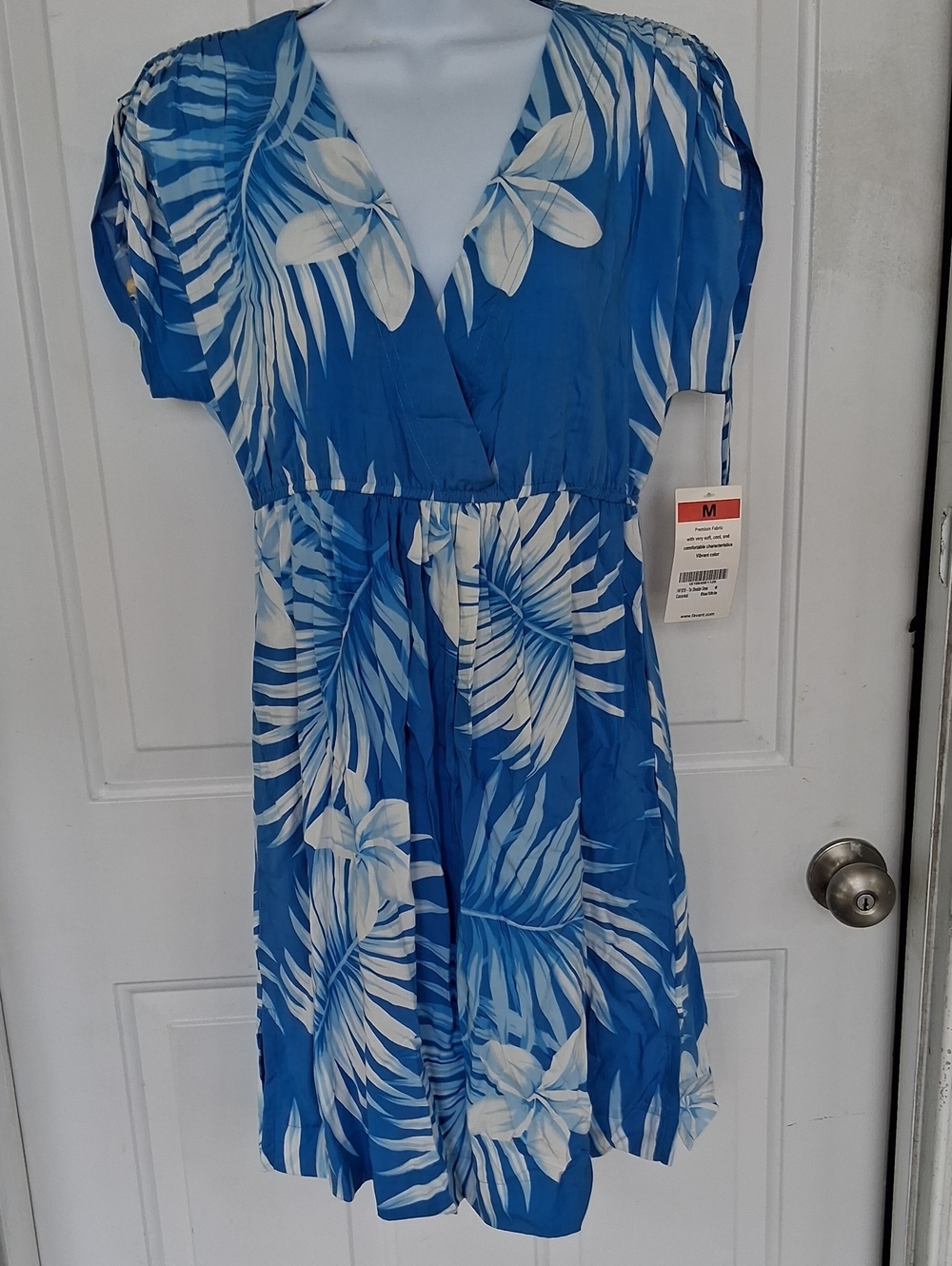 Blue Tropical Print Wrap-Style Women’s Dress